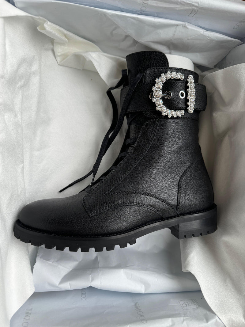 Crystal Embellished Buckle Black Leather Combat Boots