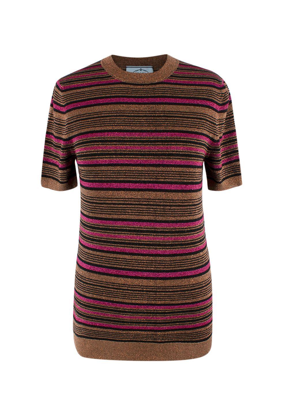 Prada Metallic Striped Short-Sleeve Crewneck Jumper
