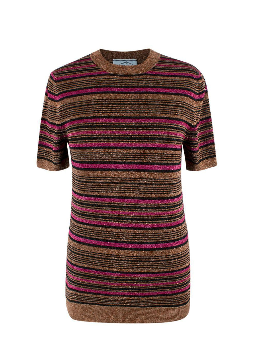Prada Metallic Striped Short-Sleeve Crewneck Jumper