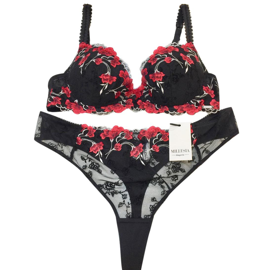 Millesia Embroidered Flowers Red & Black Padded Bra & Thong Set
