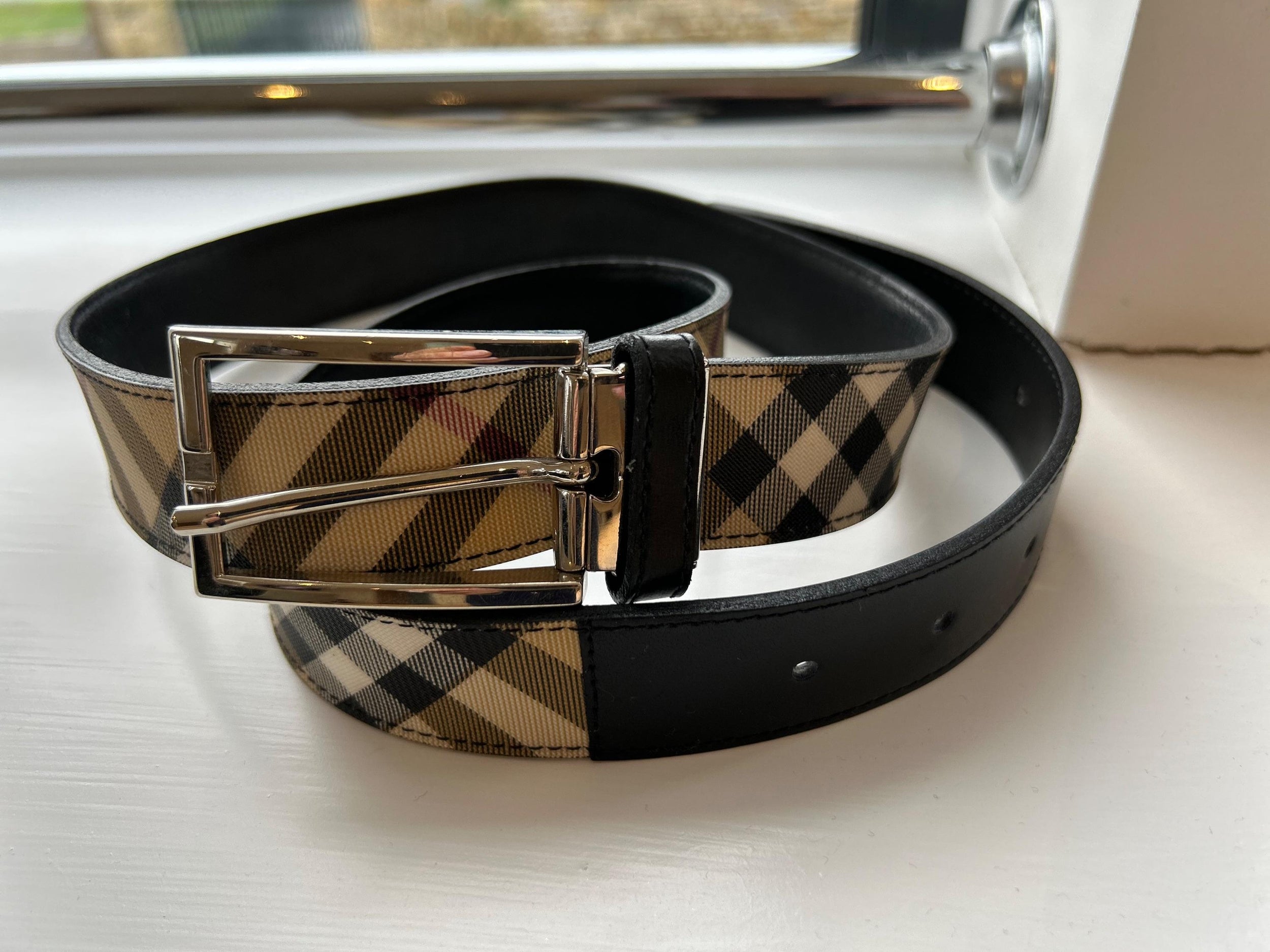 Check Canvas & leather Belt - Size 100
