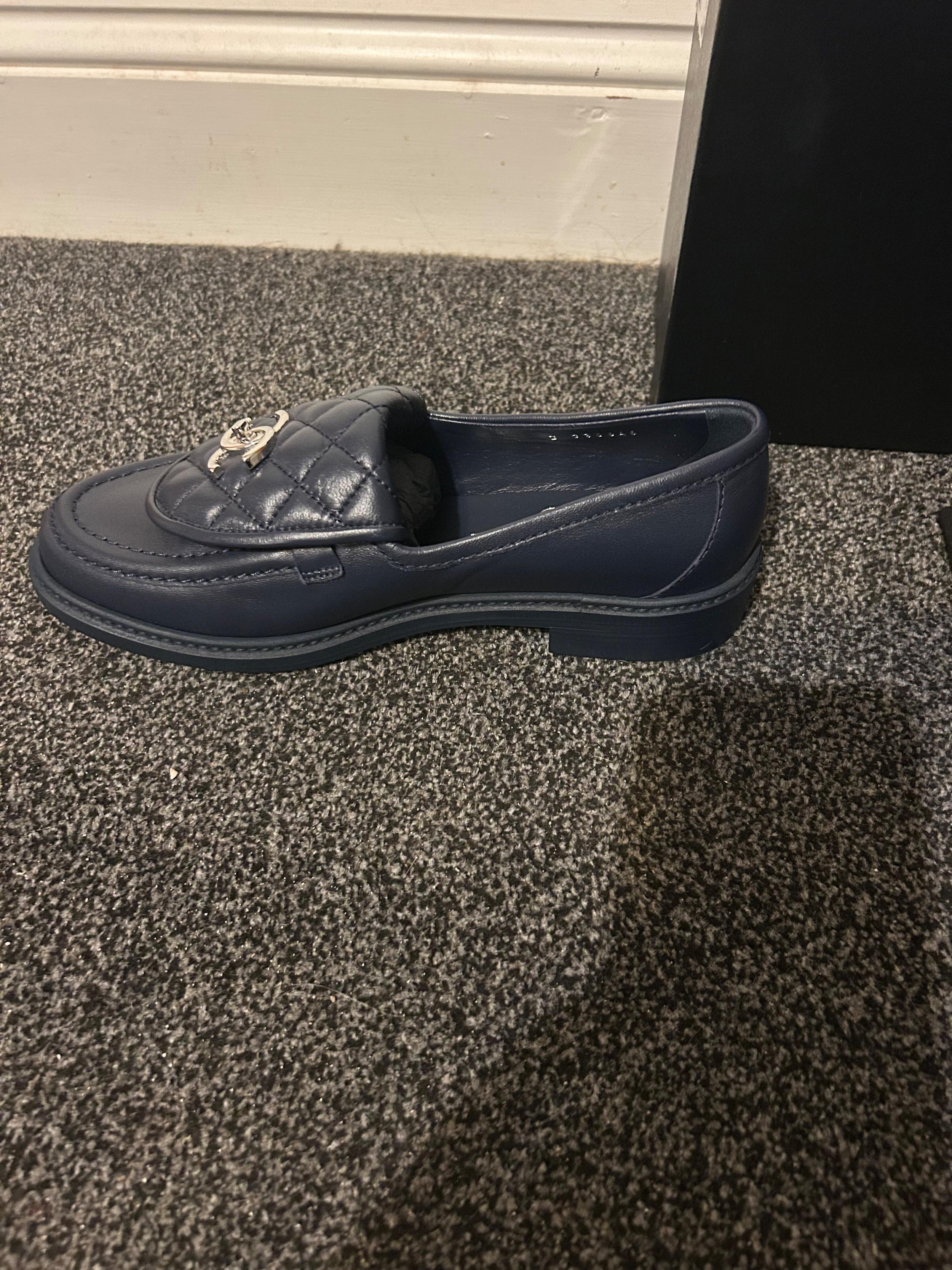 Chanel Navy Blue Leather Moccasins
