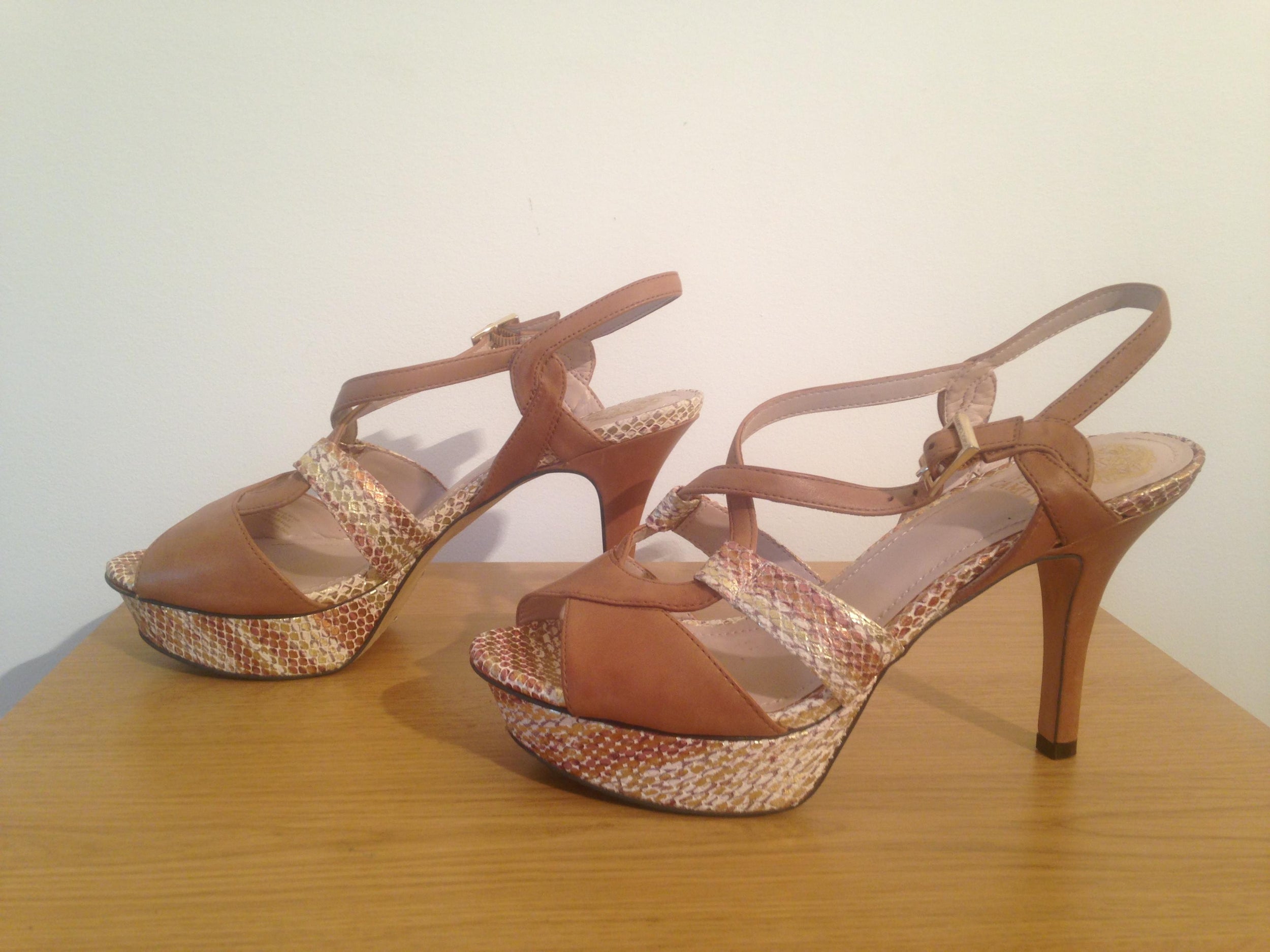 Vince Camuto tan leather high heels with snakeskin detail