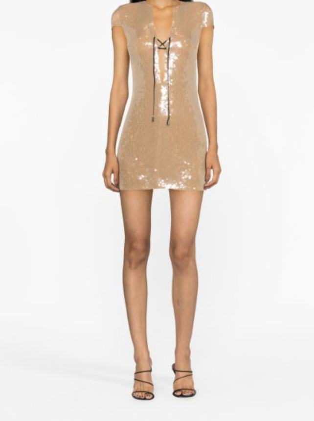 16Arlington Beige Sequin Embellished Mini Dress