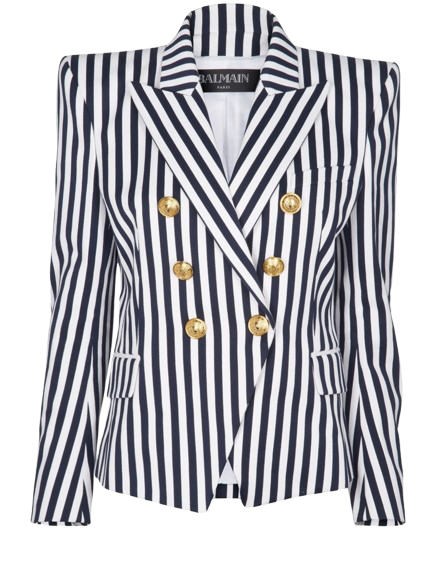 Balmain Navy and White Striped Double Breasted Blazer