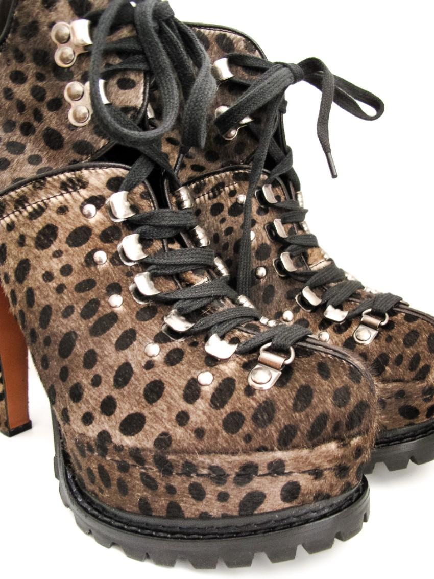 Azzedine Alaia Leopard Calf Hair Lace Up Ankle Boots