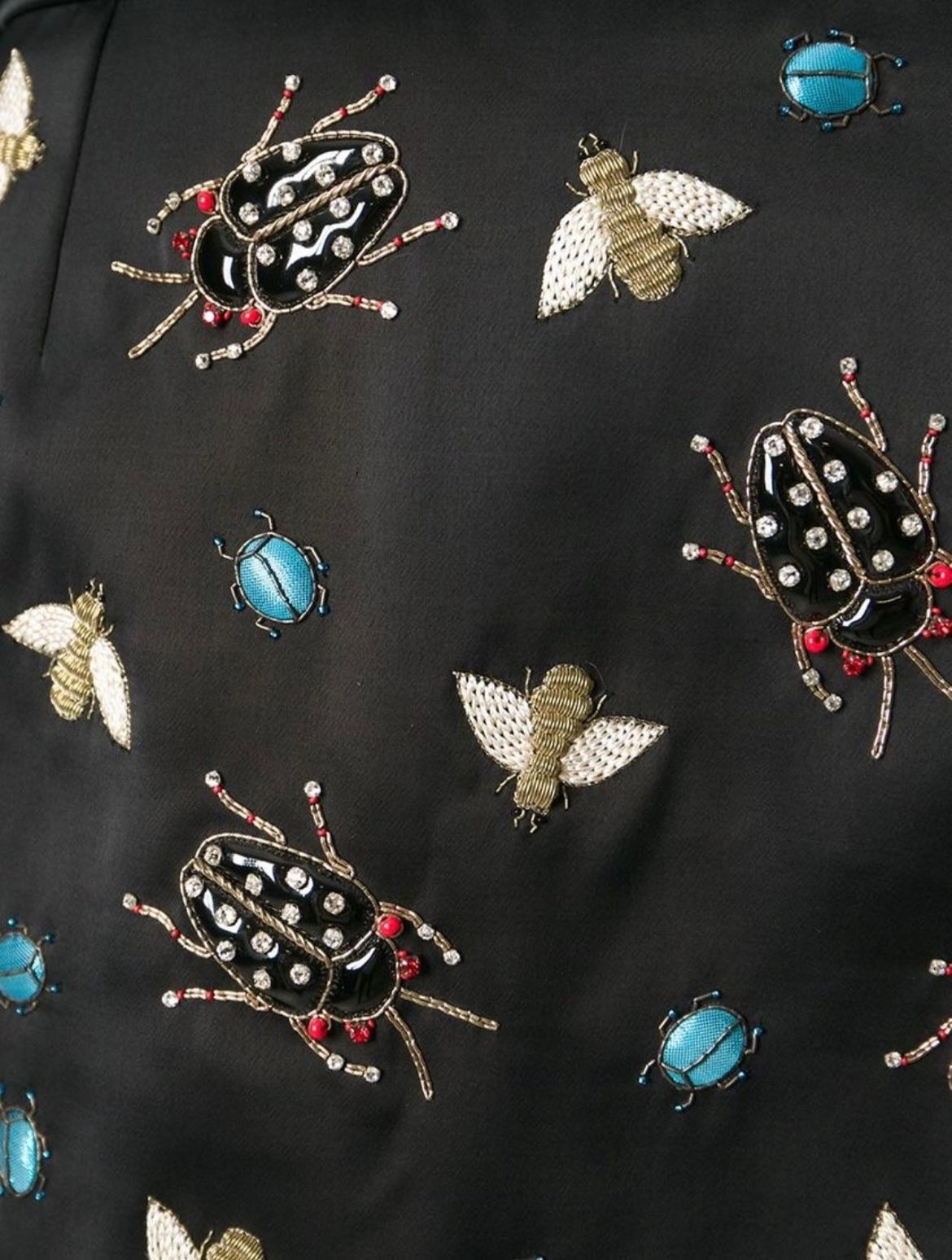 Black Silk Satin & Navy Crepe Insect Embellished Short Dress