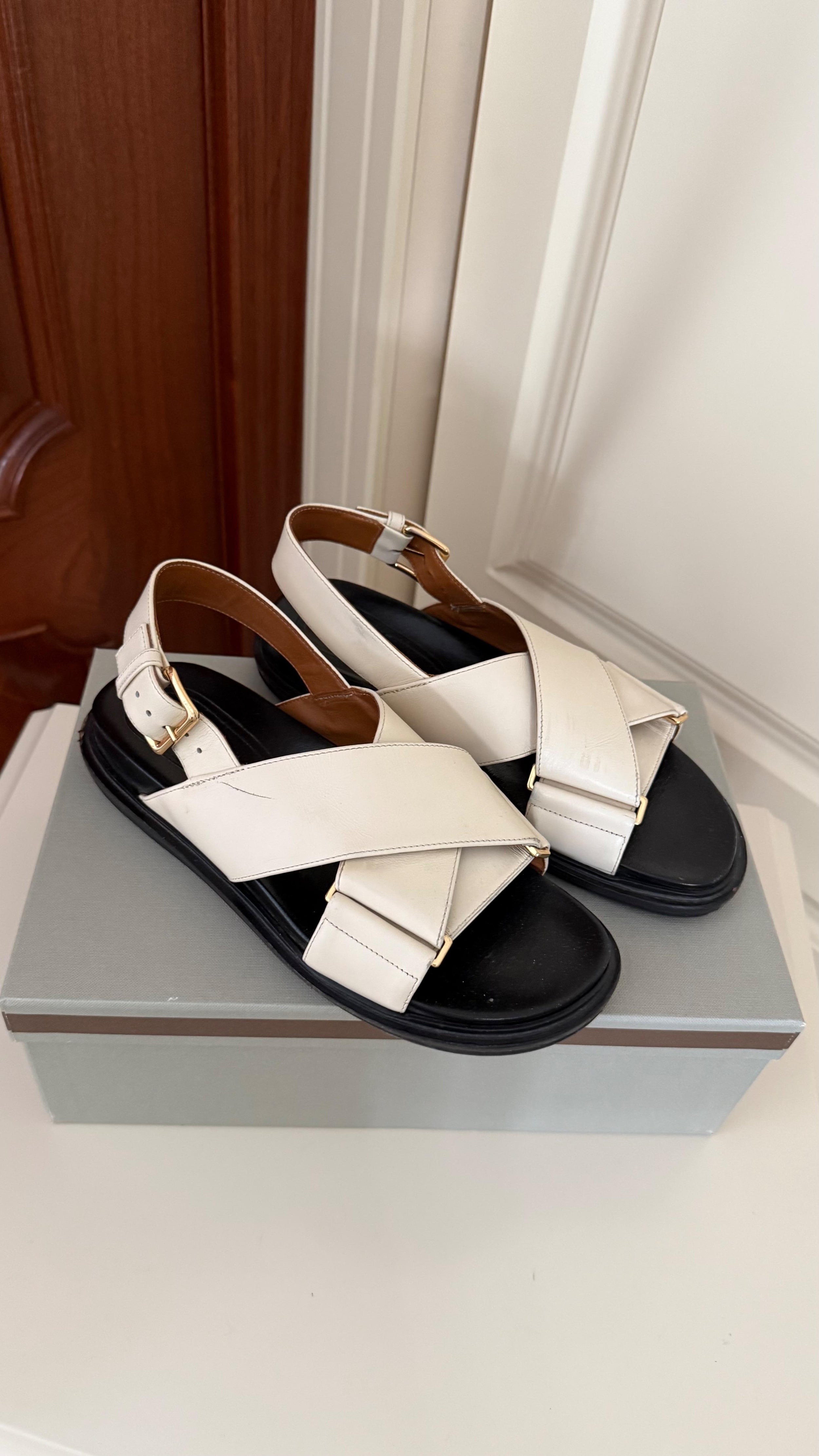 Marni Ivory Leather Flat Sandals