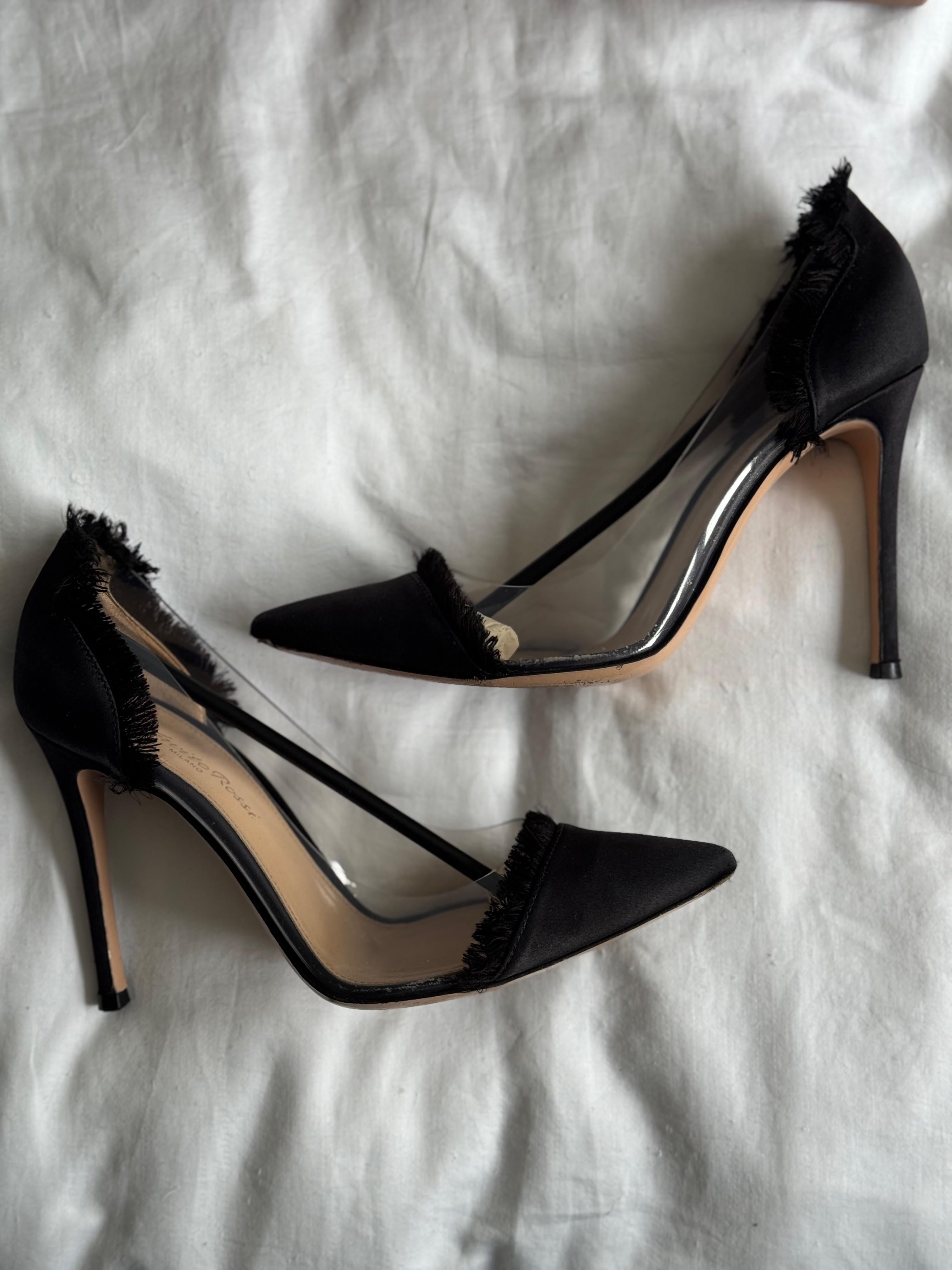 Black Satin Raw Edge Plexi Pumps