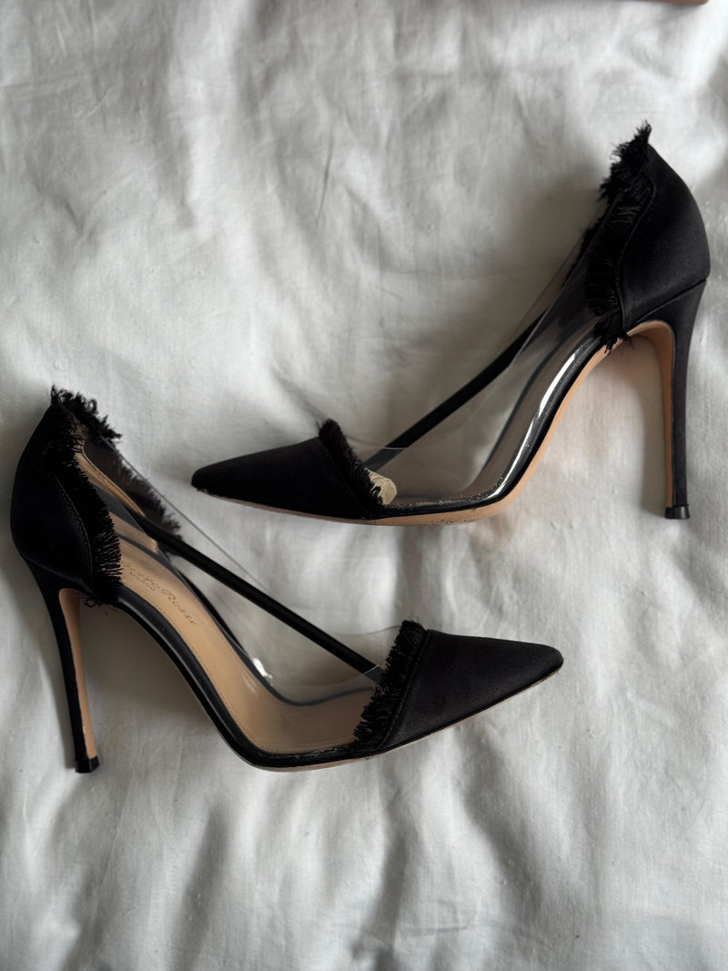 Black Satin Raw Edge Plexi Pumps