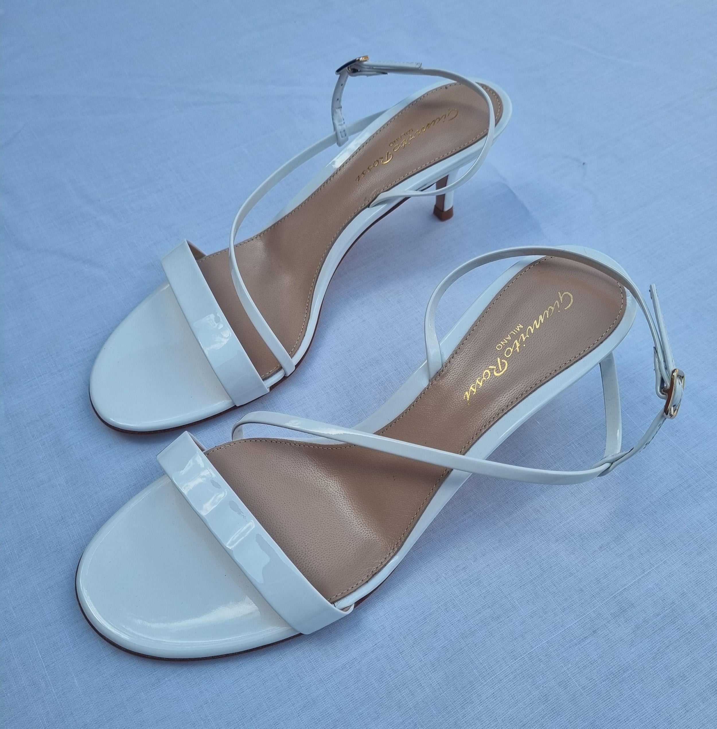 White patent leather strapped heeled sandals