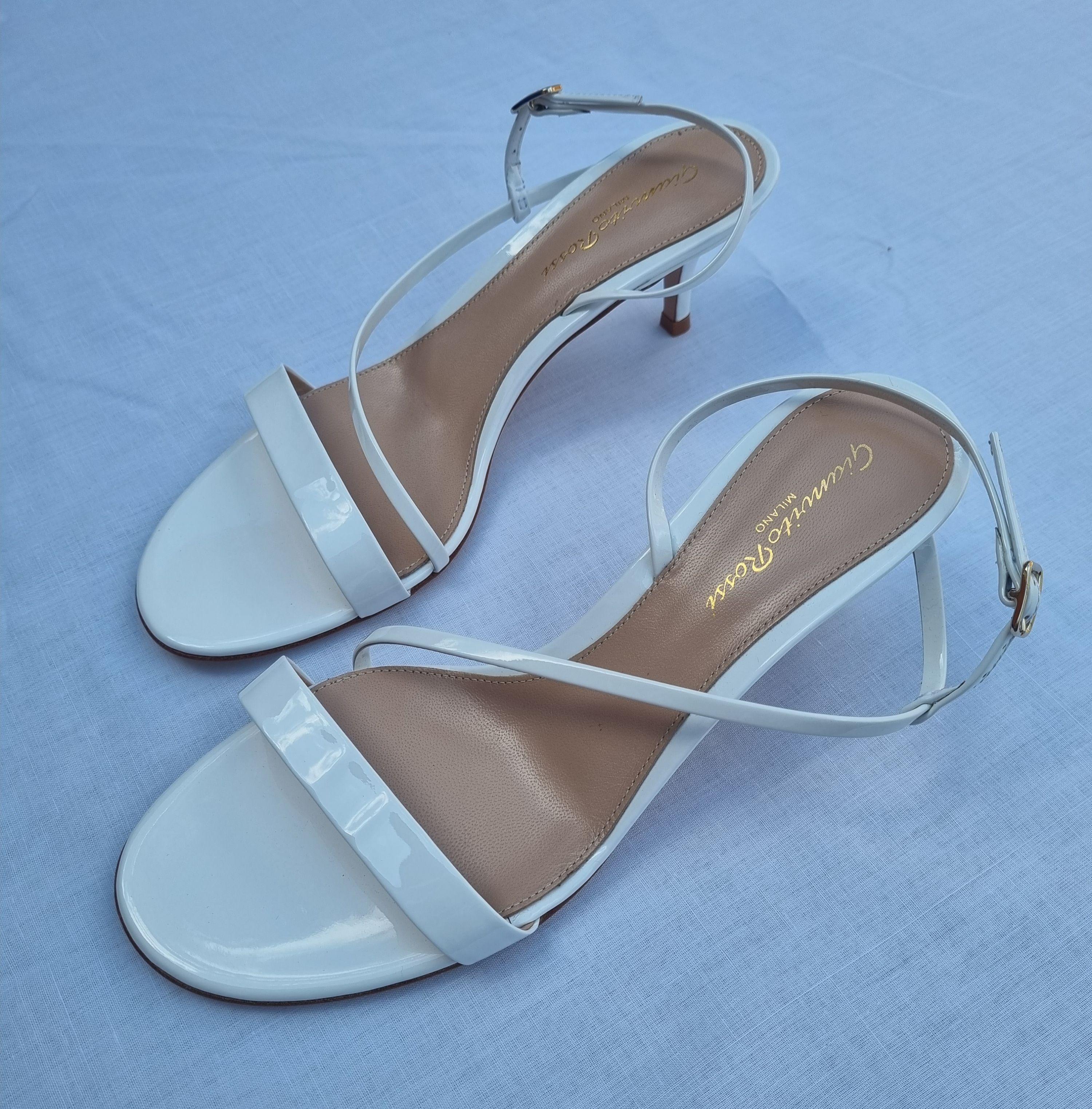 White patent leather strapped heeled sandals