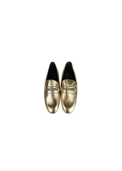 Gold leather chain embellished flat loafers