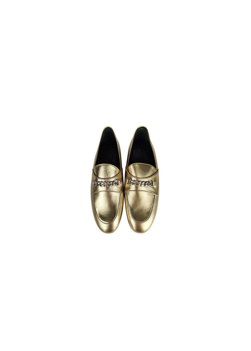 Gold leather chain embellished flat loafers
