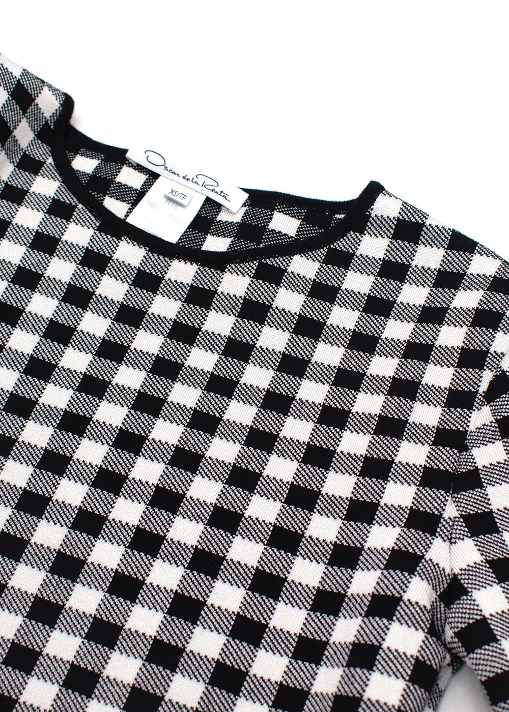 Oscar De La Renta Monochrome Houndstooth Belted Peplum Top