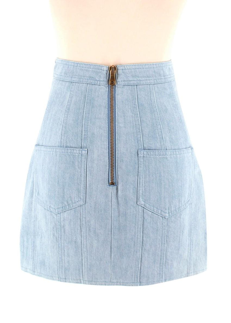 Balmain Blue Cotton Denim Buttoned Mini Skirt