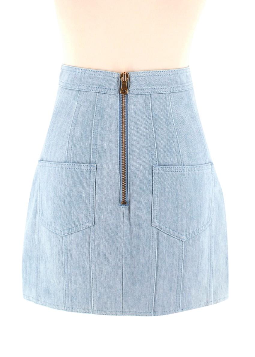 Balmain Blue Cotton Denim Buttoned Mini Skirt