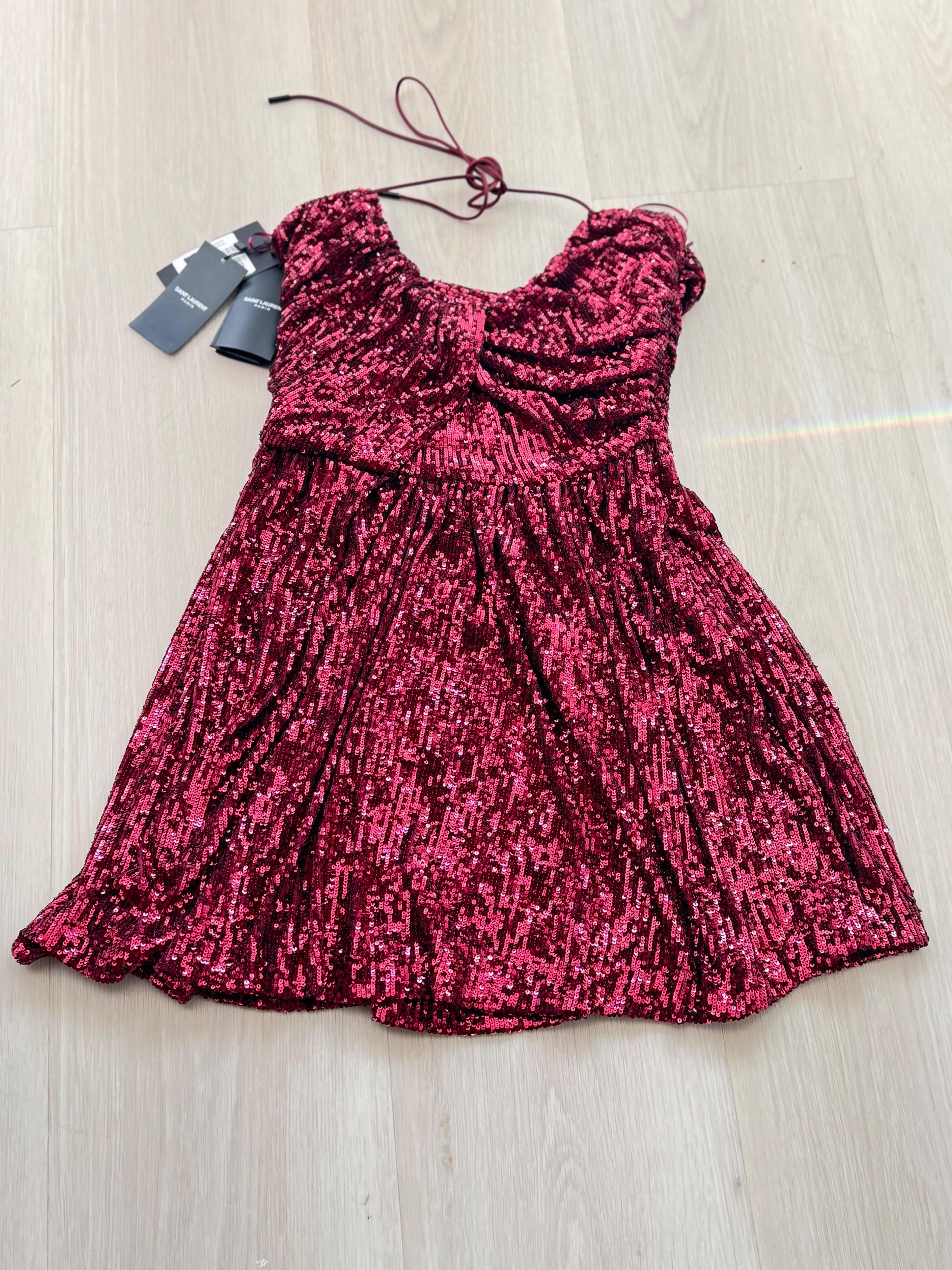 Saint Laurent Burgundy Sequin Halter Neck Mini Dress