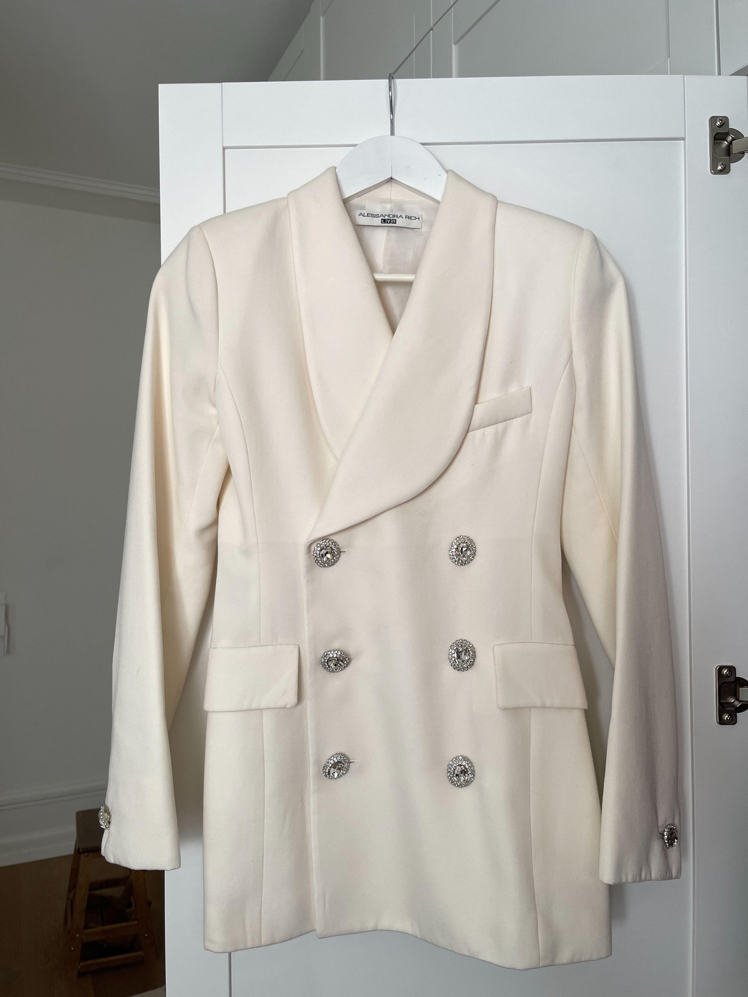 Alessandra Rich Cream Double Breasted Blazer with Crystal Jewel Buttons