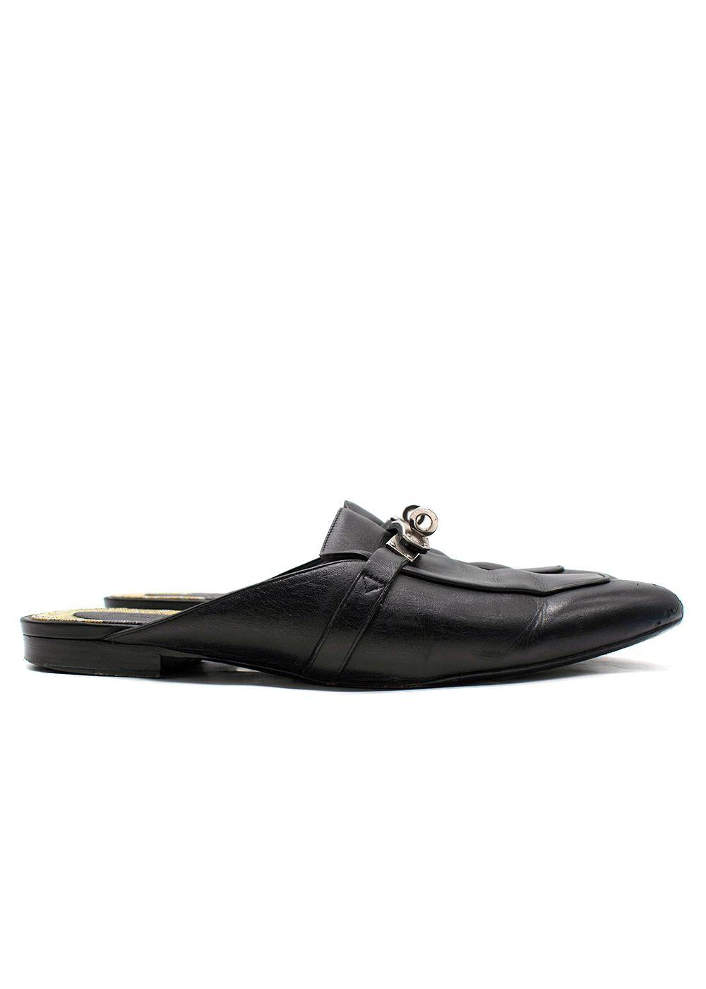 Hermes Black Leather Oz Flat Mules