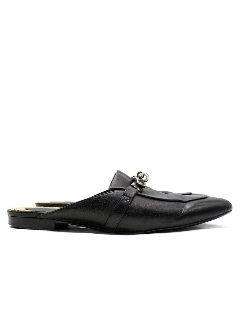 Hermes Black Leather Oz Flat Mules