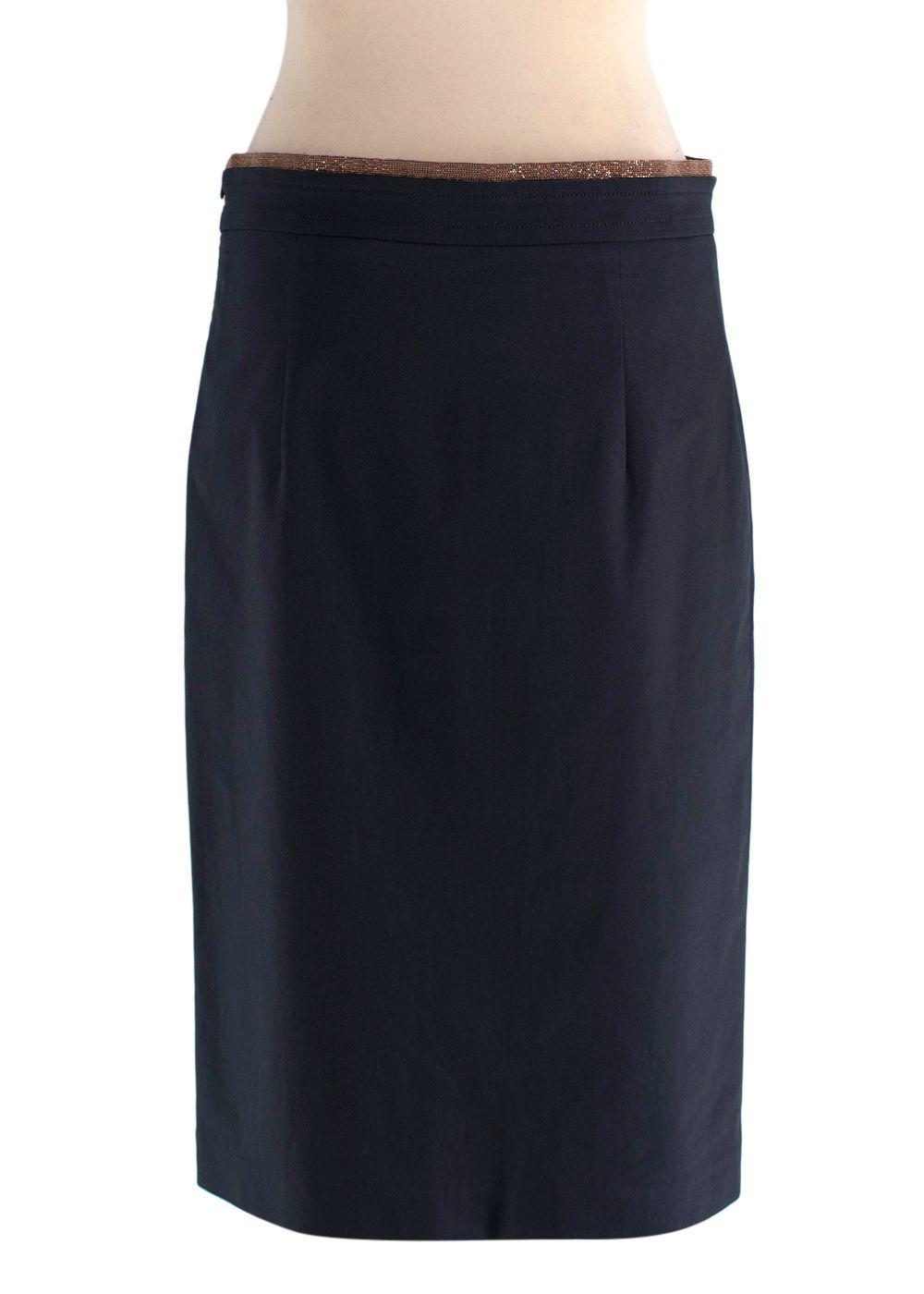 Brunello Cucinelli Navy Midi Skirt with Signature Waistband Detail