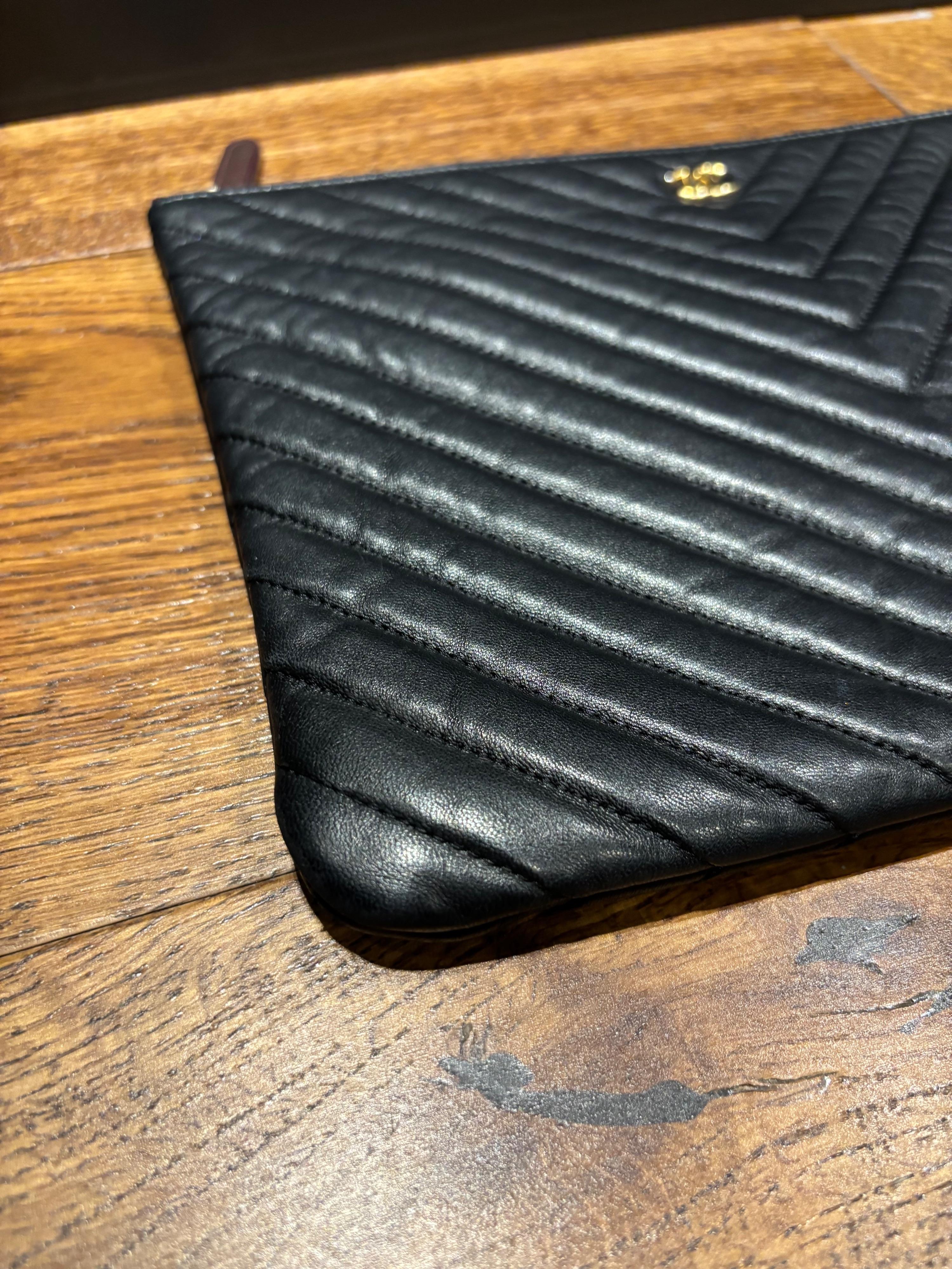 Chanel Black Leather Chevron Pouch