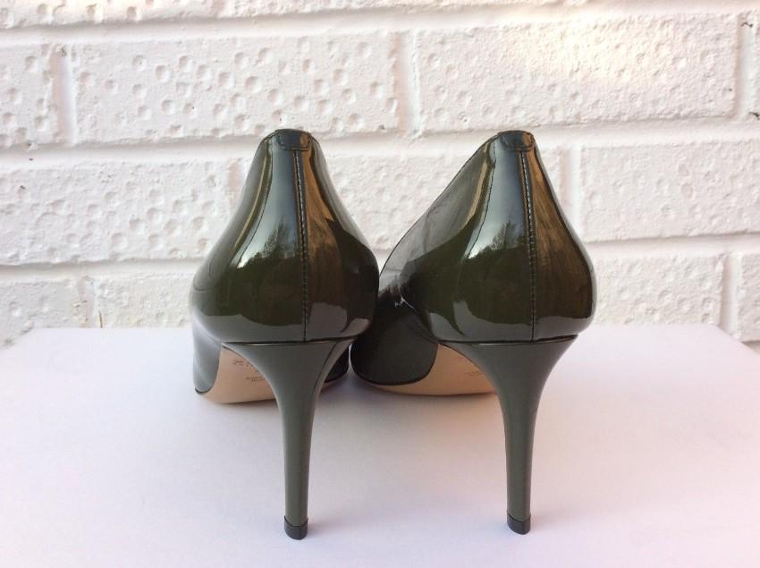 Bally Khaki Mid Heel Patent Pumps