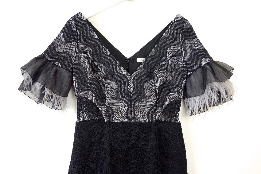 Three Floor Feather Trimmed Stretch Fitted Dress