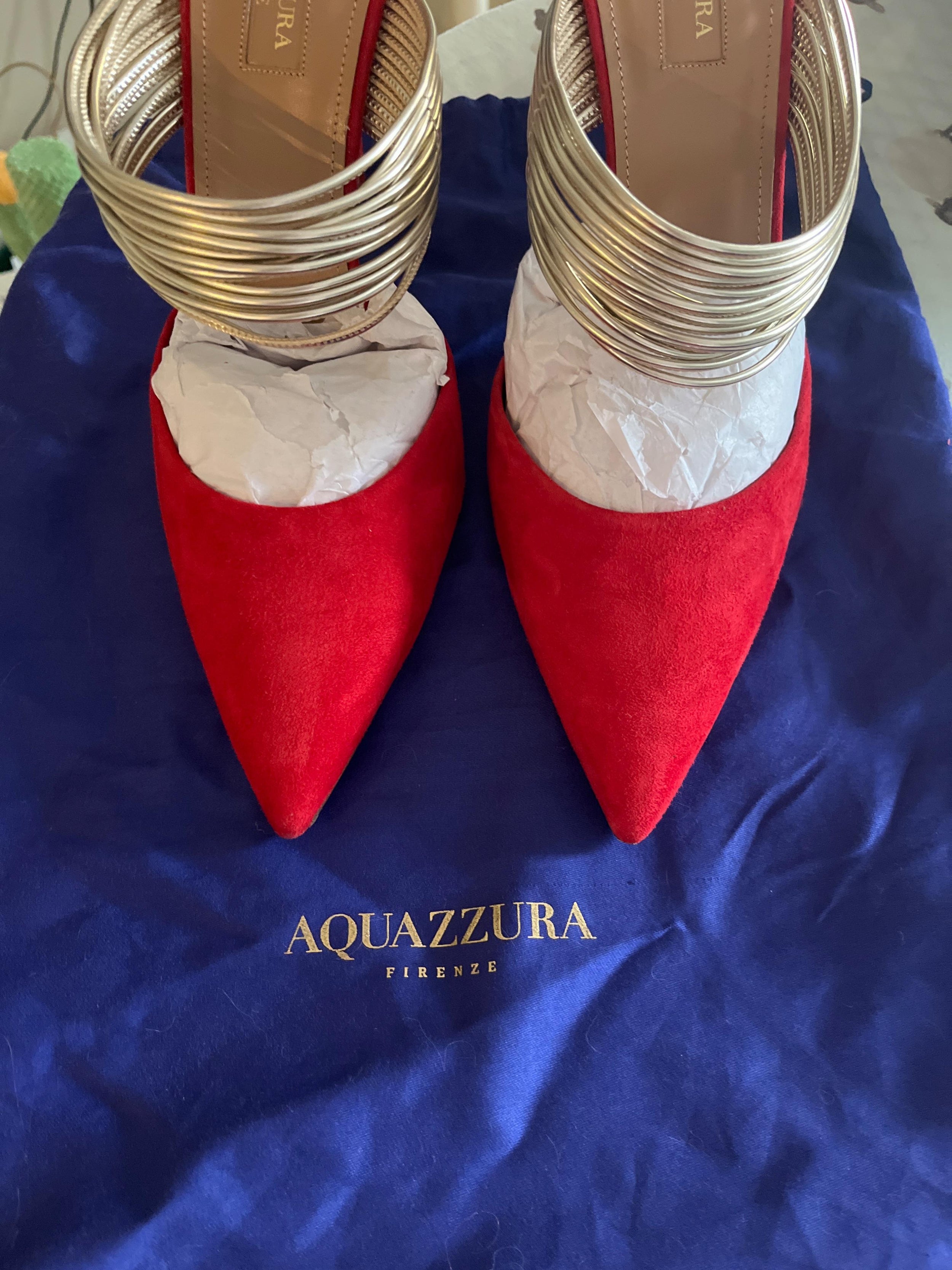 Aquazurra Red and Gold Suede Heels