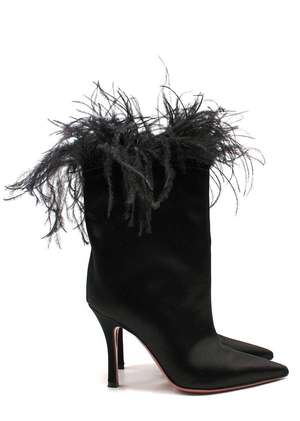 Amina Muaddi Black Satin Boots with Feather Detailing