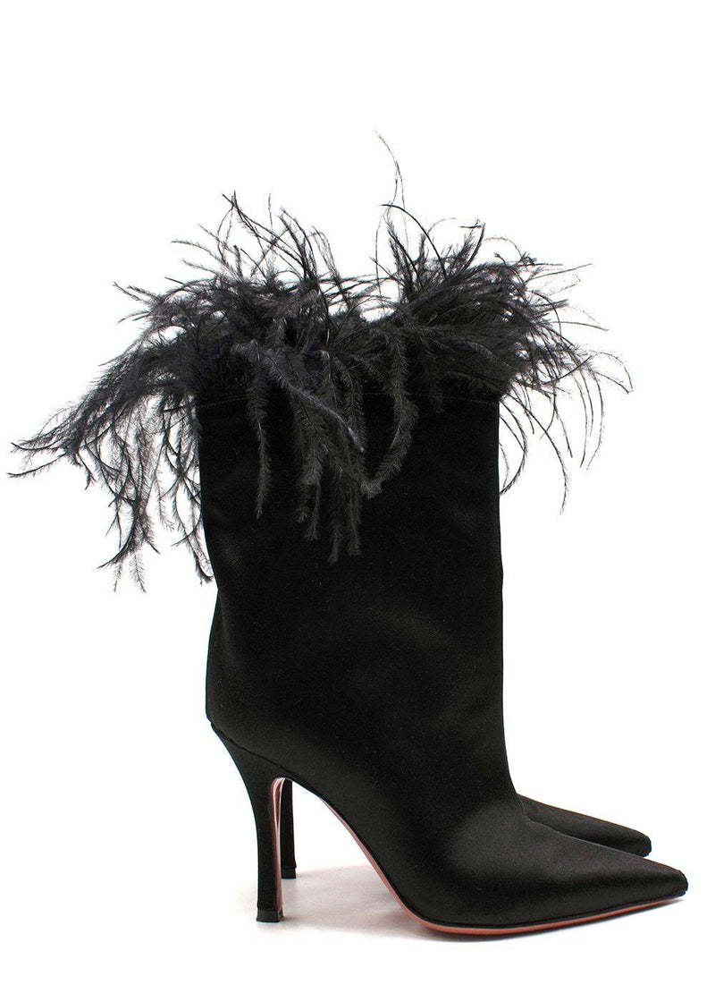 Amina Muaddi Black Satin Boots with Feather Detailing