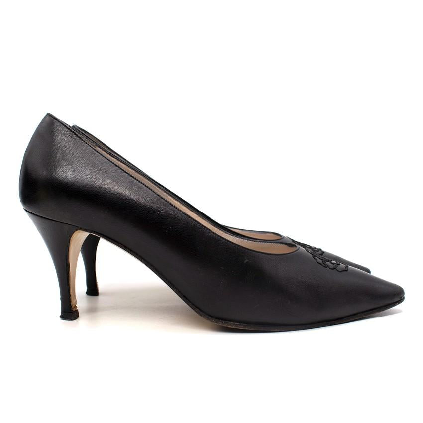 Chanel Black Leather Camellia Embroidered Vintage Pumps
