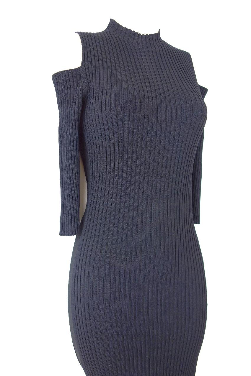 Maje Black Ribbed Knit Cold Shoulder Dress