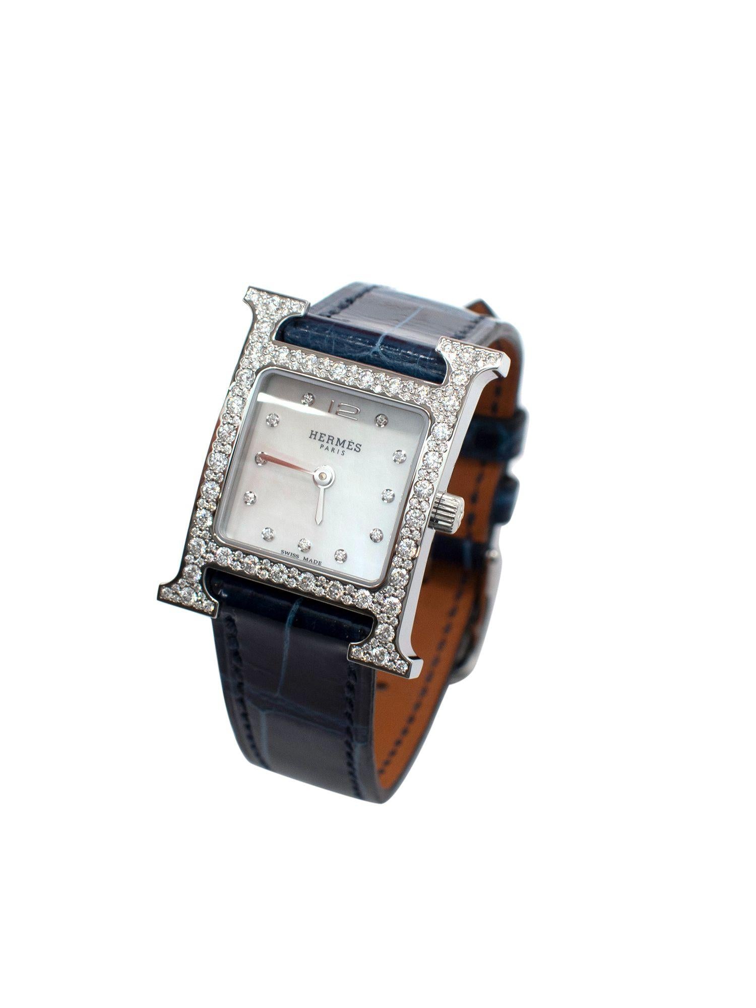 Hermes Navy Alligator Diamond Heure H 21mm Watch With Palladium Hardware