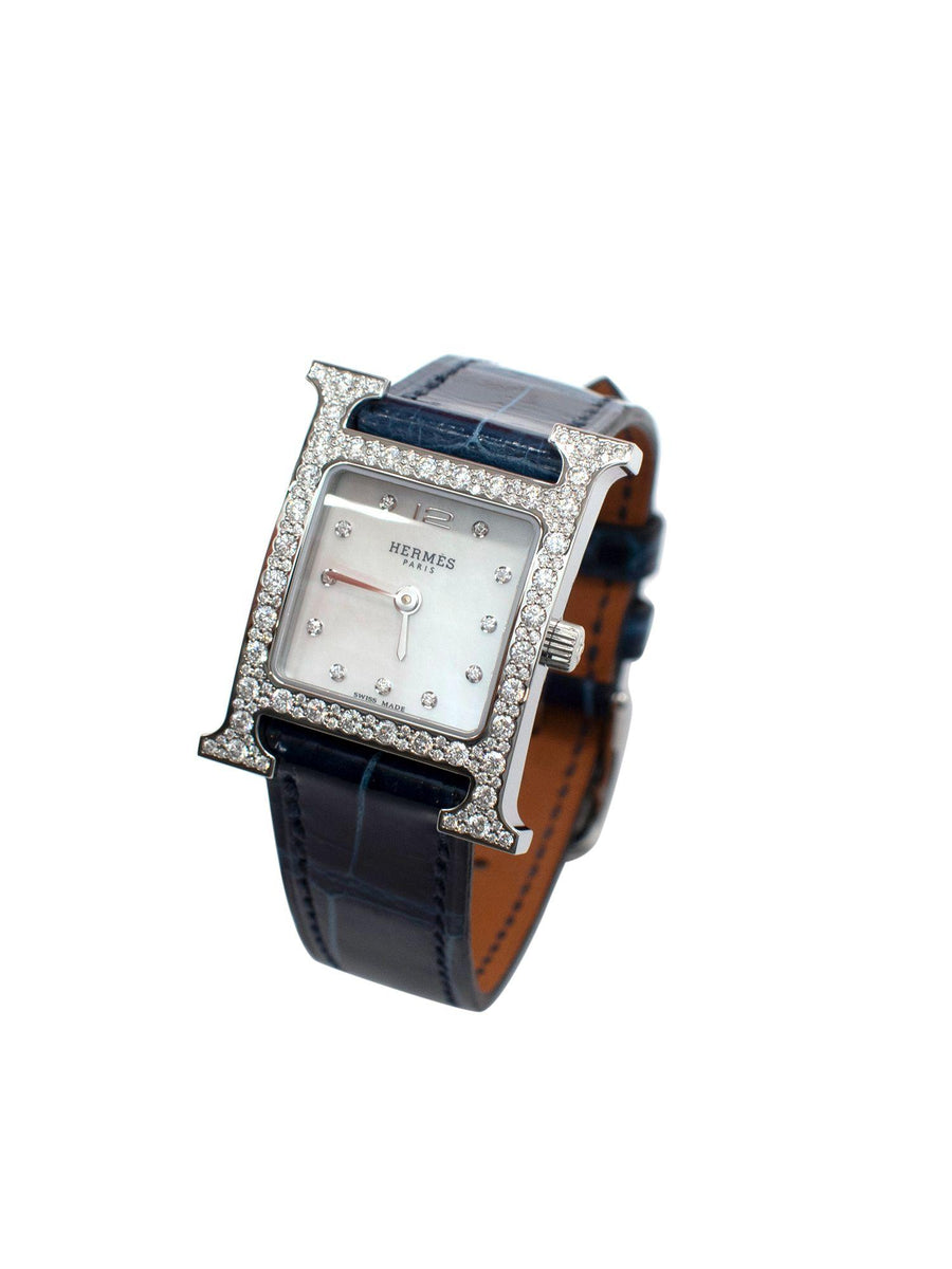Hermes Navy Alligator Diamond Heure H 21mm Watch With Palladium Hardware