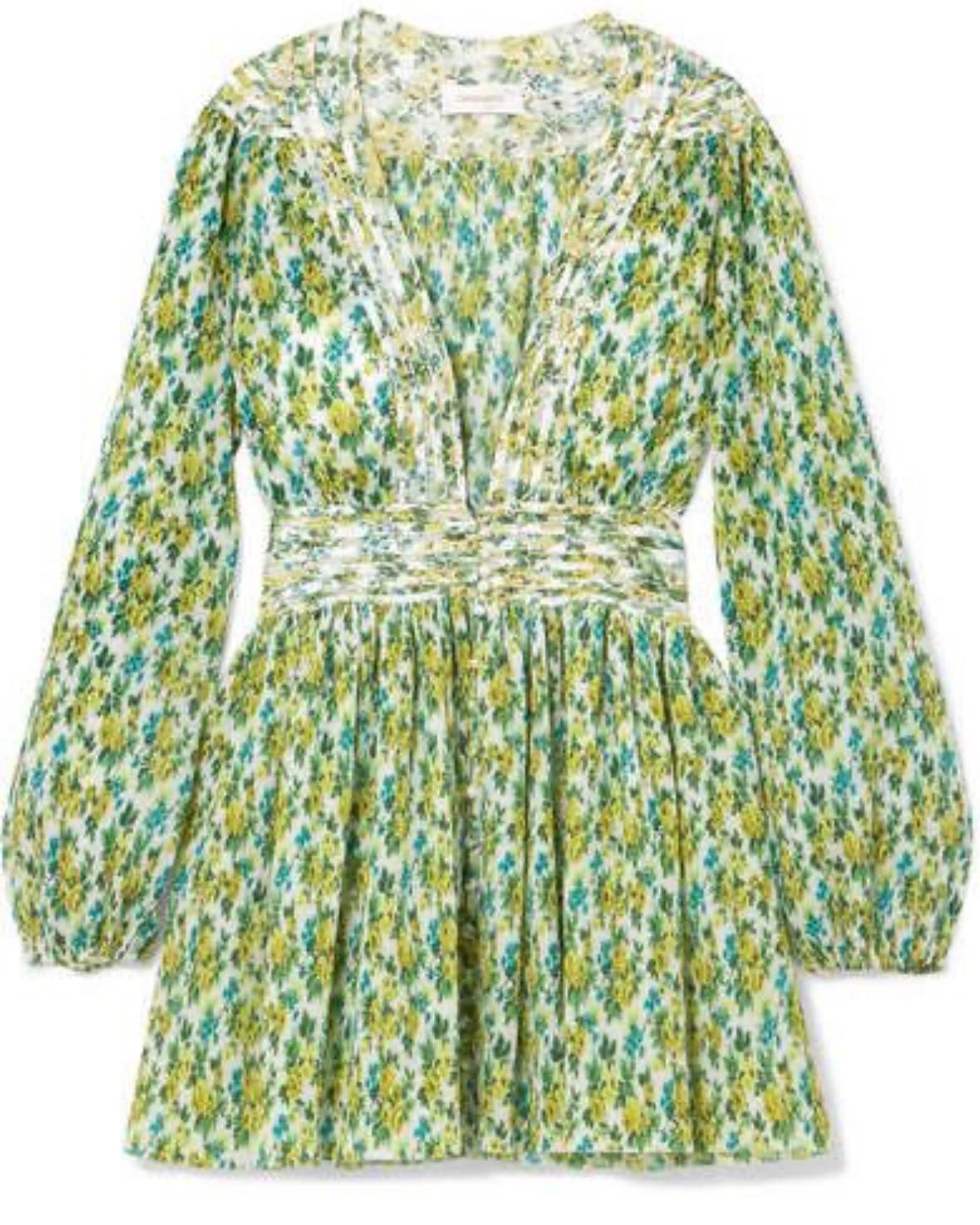 Zimmermann Green Golden Plisse Mini Dress