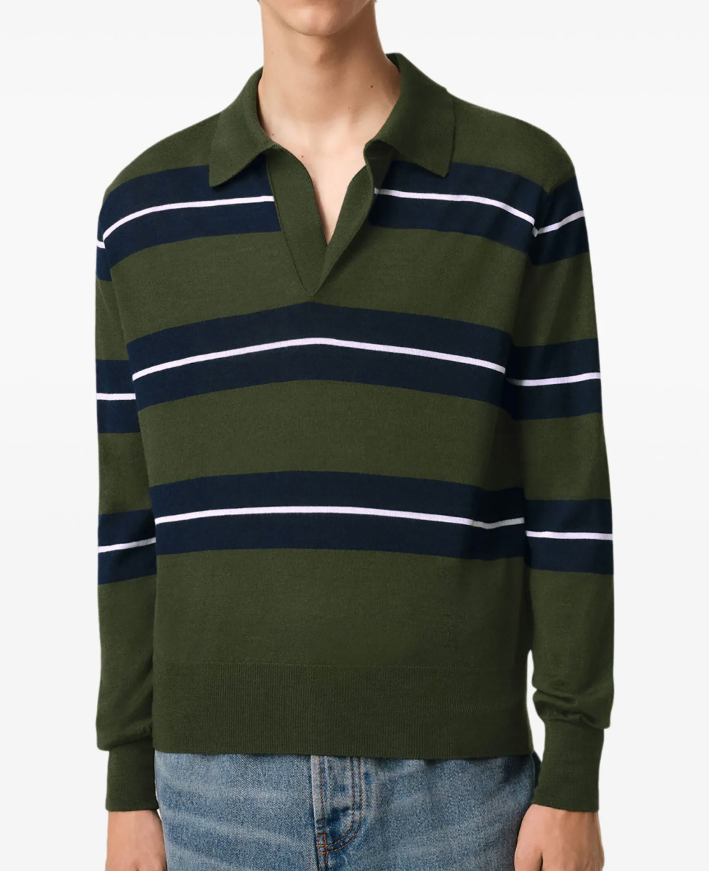 Ami Paris Green Wool-Silk Stripe Polo Shirt