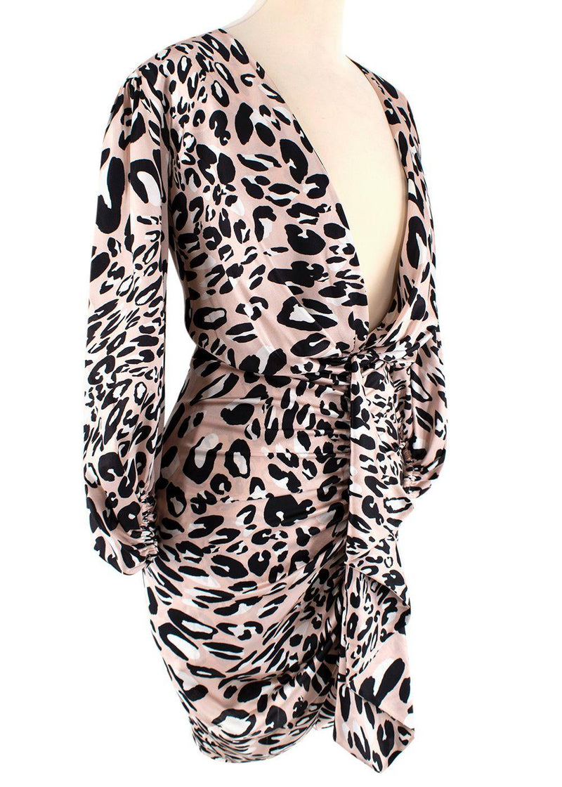 pink leopard print silk draped mini dress