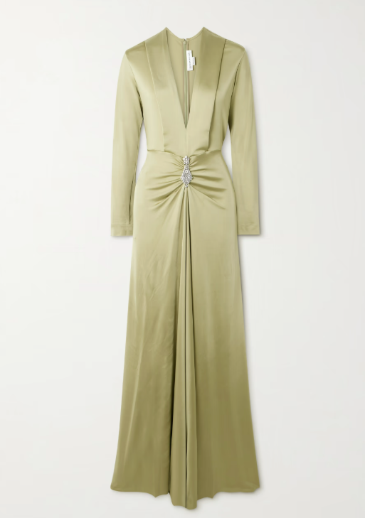 Victoria Beckham Crystal-Embellished Gathered Satin-Jersey Gown