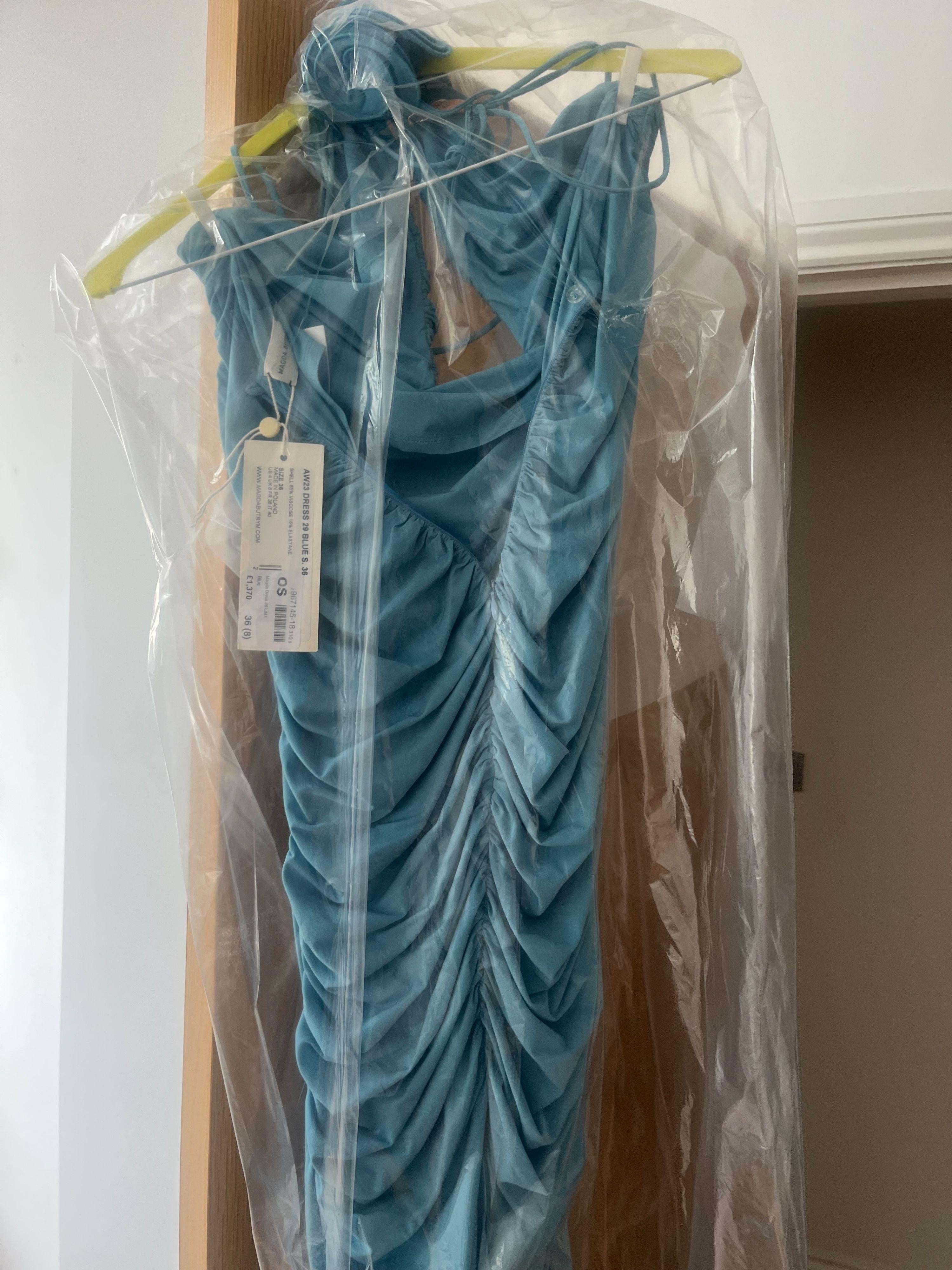 Magda Butrym Blue Ruched Floral Applique Maxi Dress