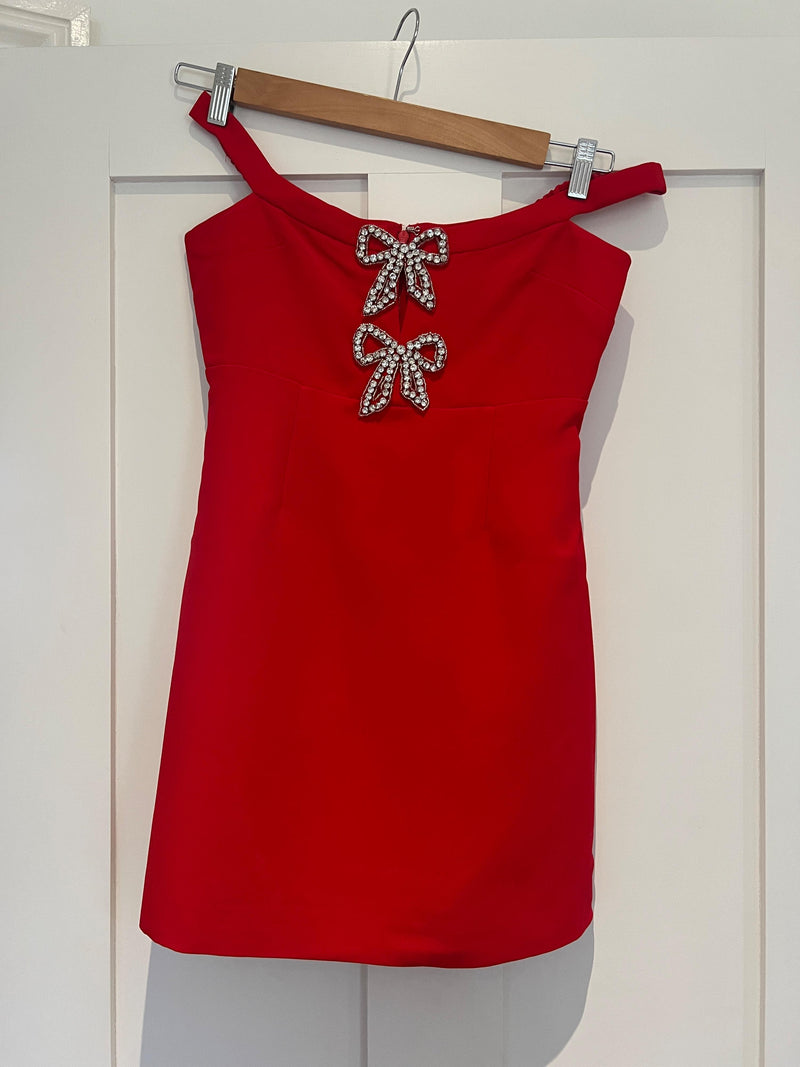 Self Portrait Red Crystal Bow Detail Mini Dress