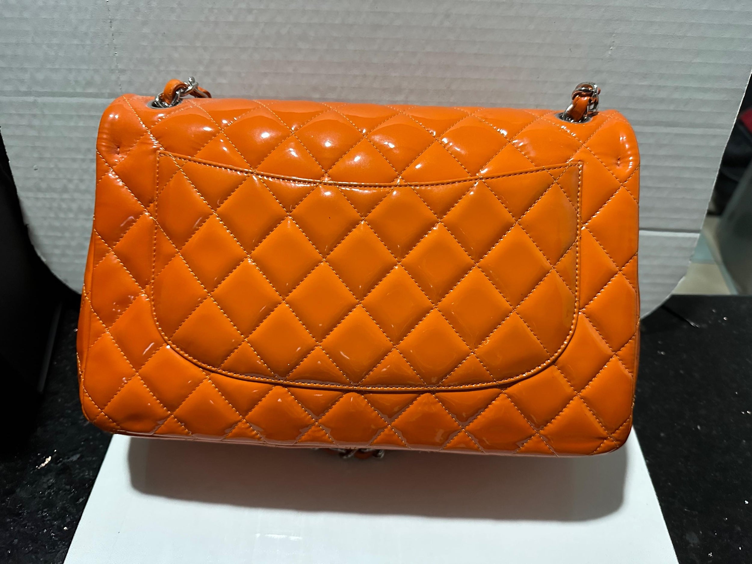 Chanel Orange Patent Classic Flap