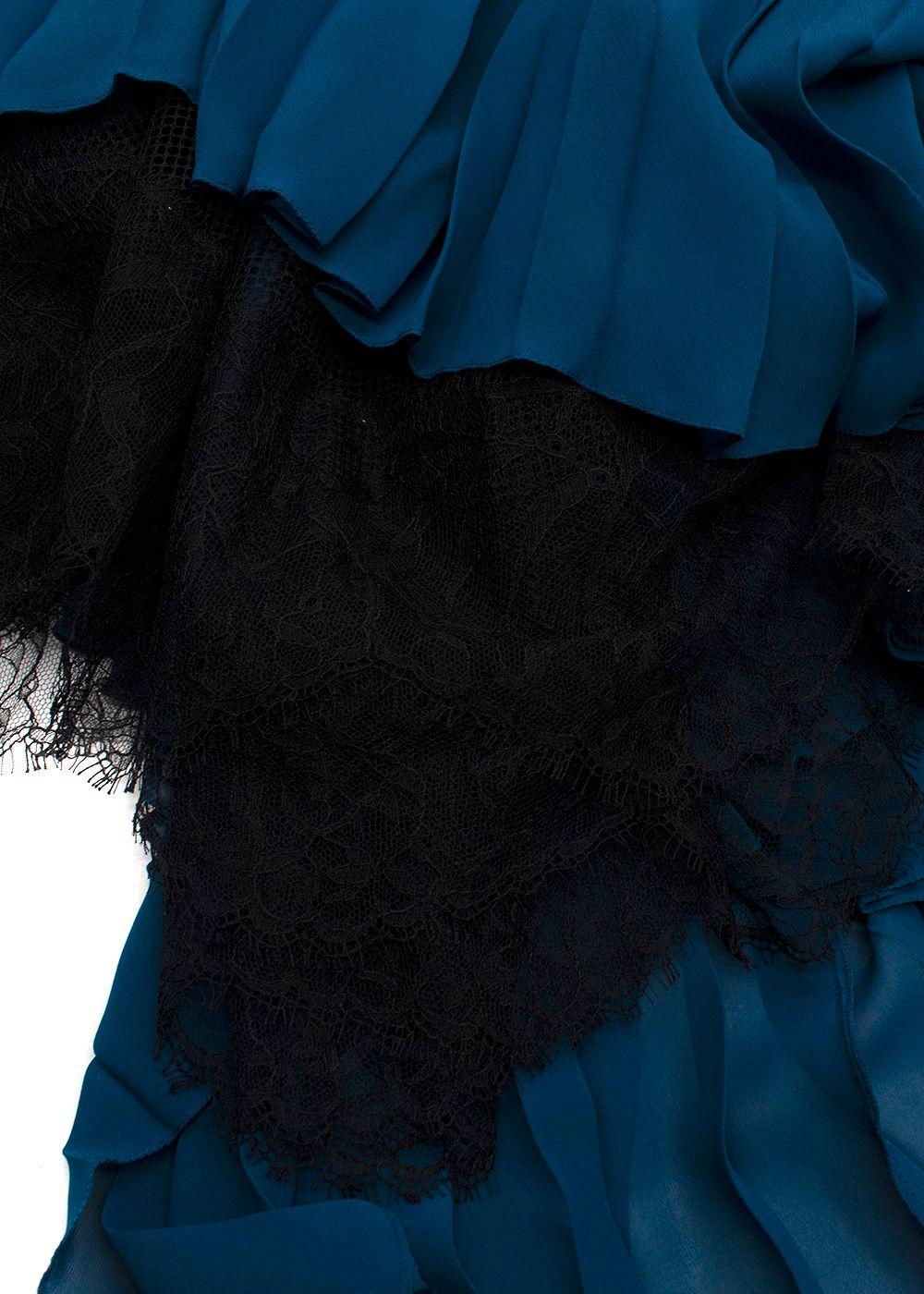 Christian Dior Teal Silk  And Black Lace Pleated Midi Skirt