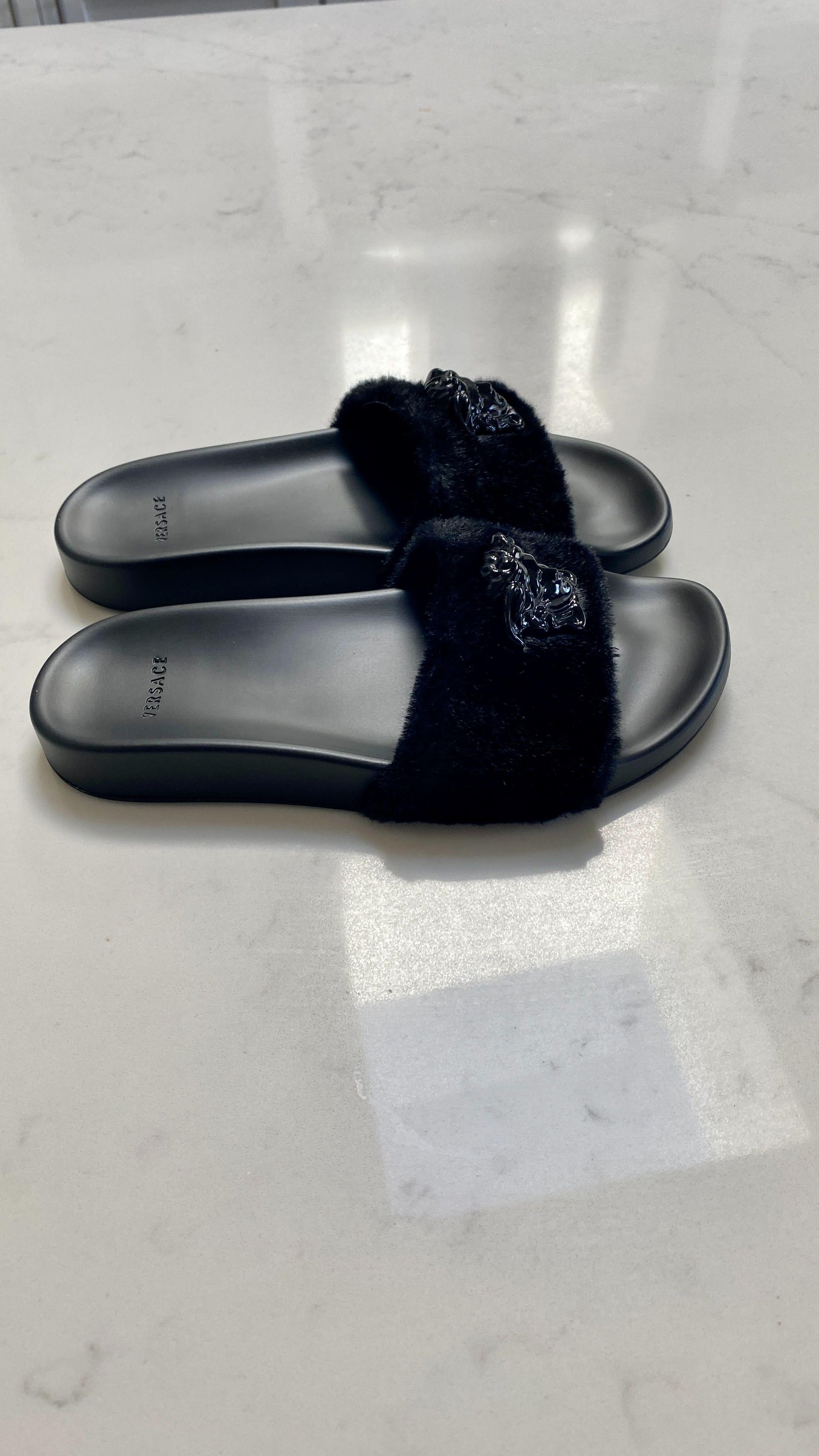 Versace Black Faux Fur Medusa Slides