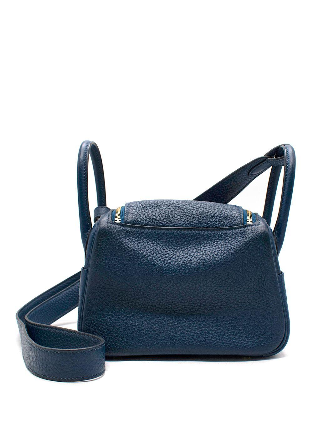 Hermes Taurillon Clemence Mini Lindy in Deep Bleu with Gold Hardware
