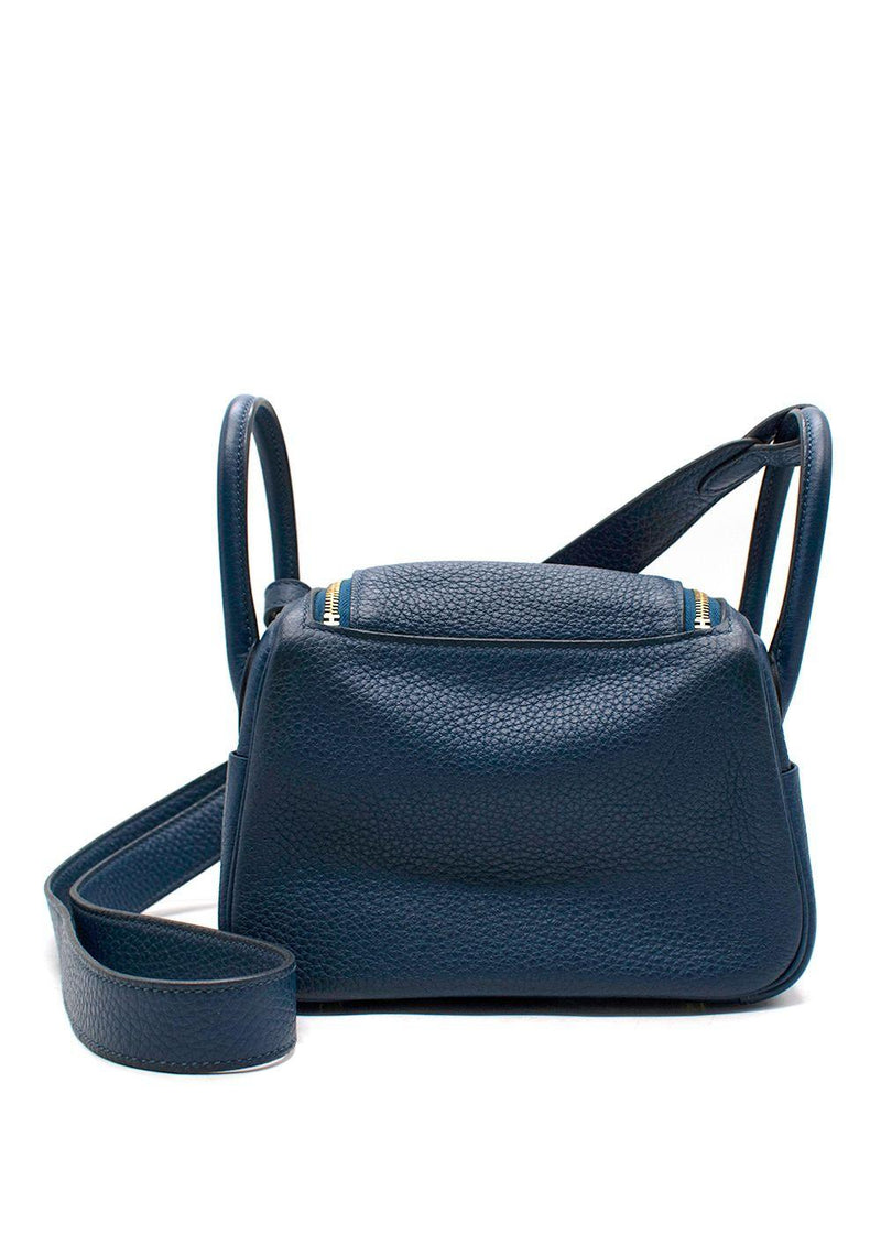 Hermes Taurillon Clemence Mini Lindy in Deep Bleu with Gold Hardware