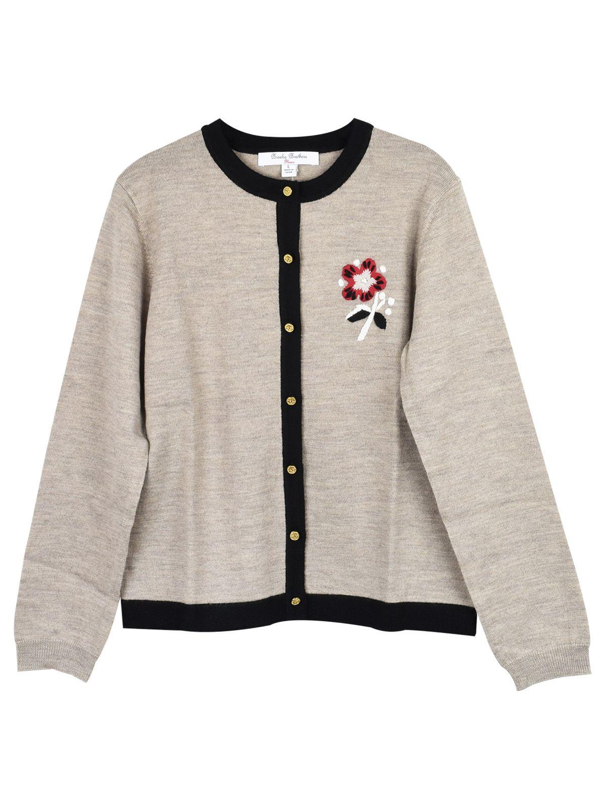 Brooks Brothers Girls Embroidered Oat/Black Merino Wool Cardigan