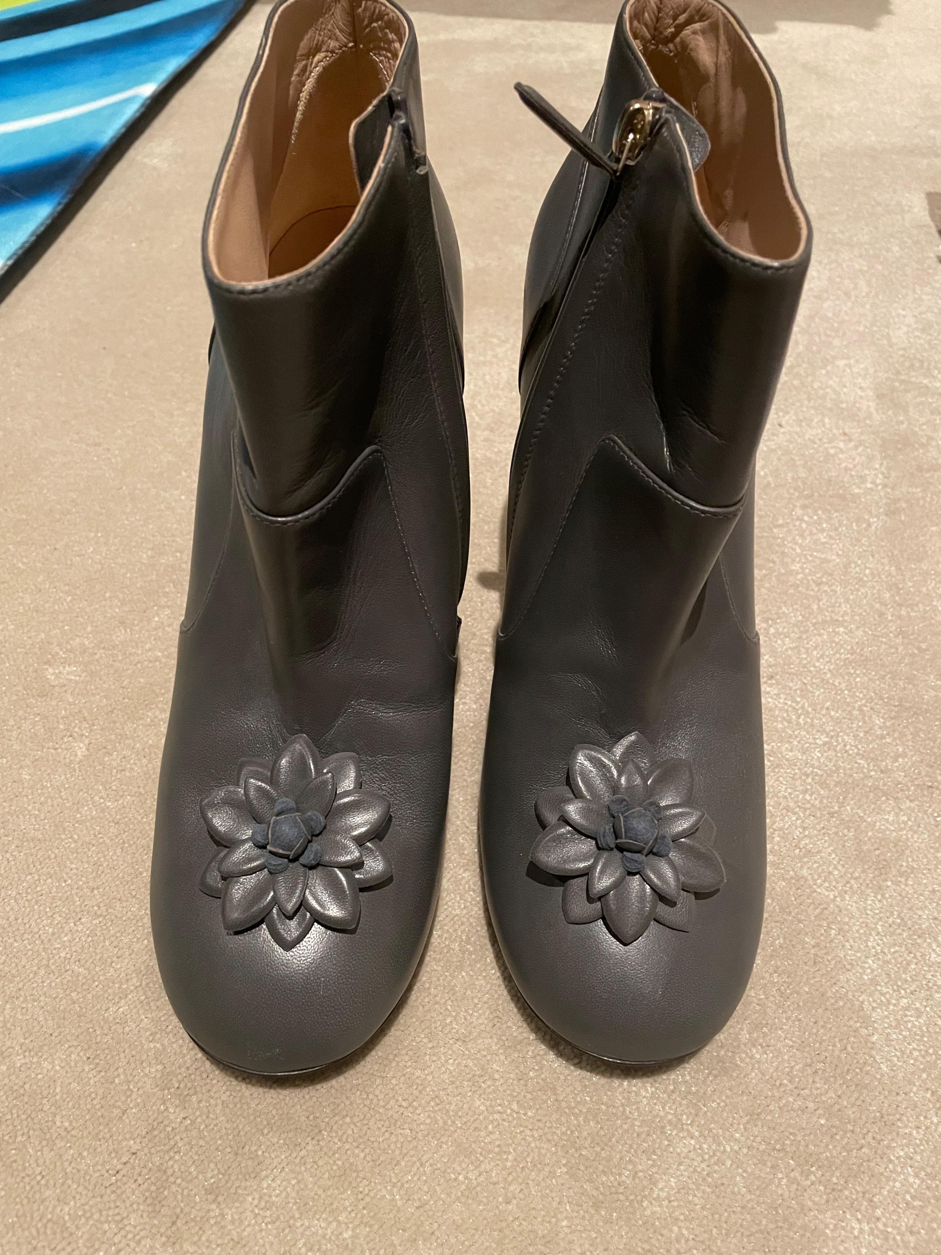 Chanel Grey Ankle Boots with Floral Applique Detail