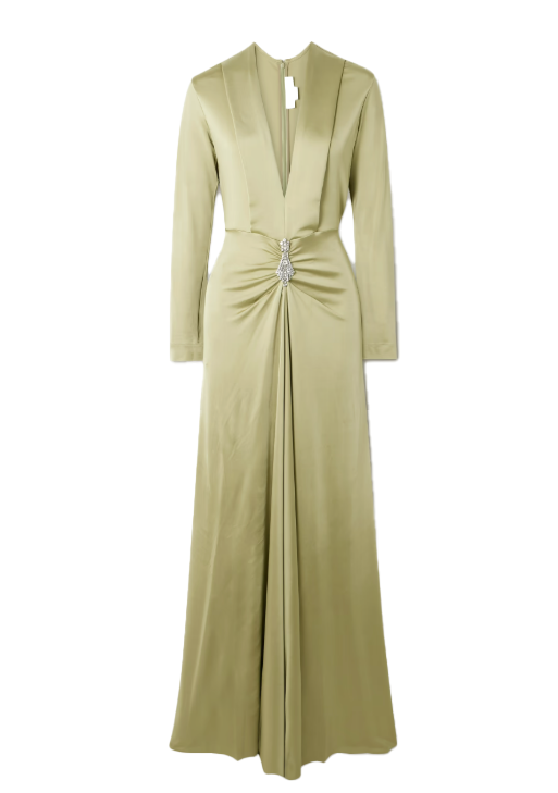 Crystal Embellished Gathered Satin Jersey Gown